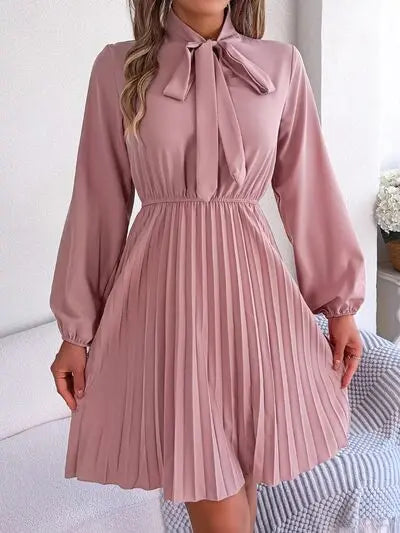 Tie Neck Balloon Sleeve Pleated Dress - GlossiChic Collection Wine / S GlossiChic Collection Dresses