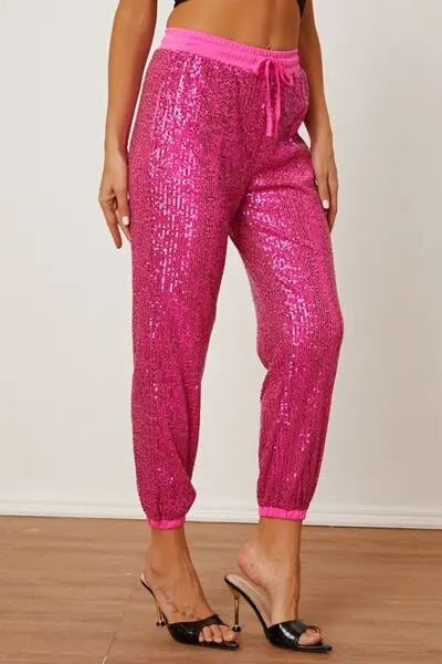 Sequin Drawstring Pants with Pockets - GlossiChic Collection Hot Pink / S GlossiChic Collection Jeans, Pants, & Shorts