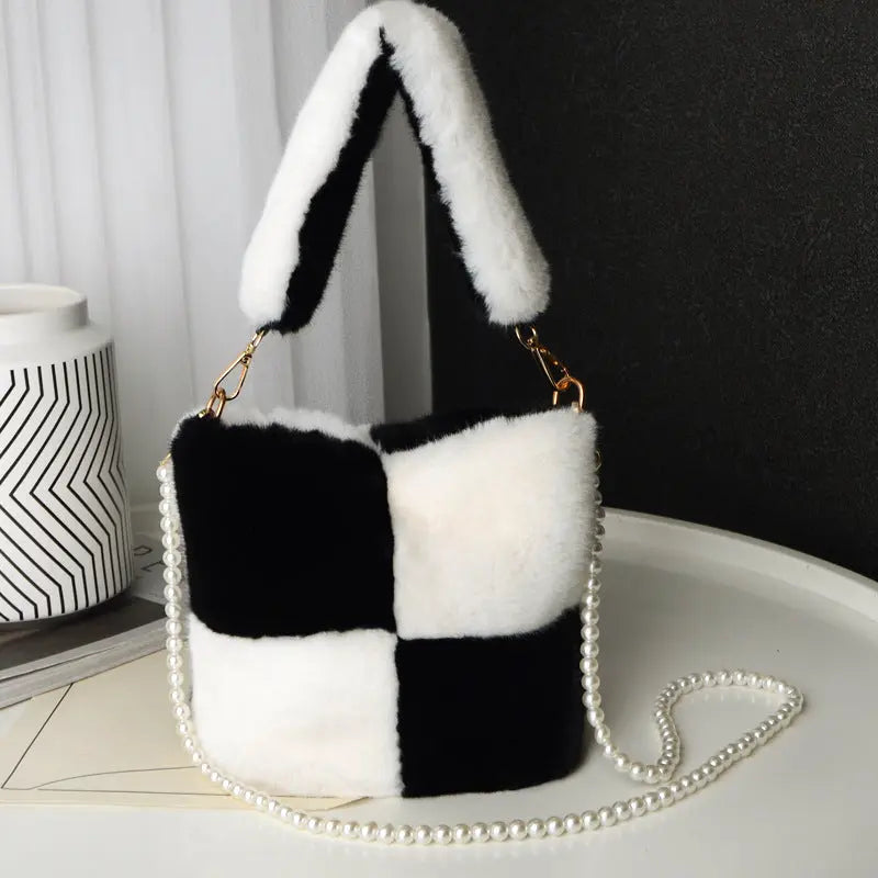 Checkerboard Plush Bucket With Pearl Chain Handbag - GlossiChic Collection