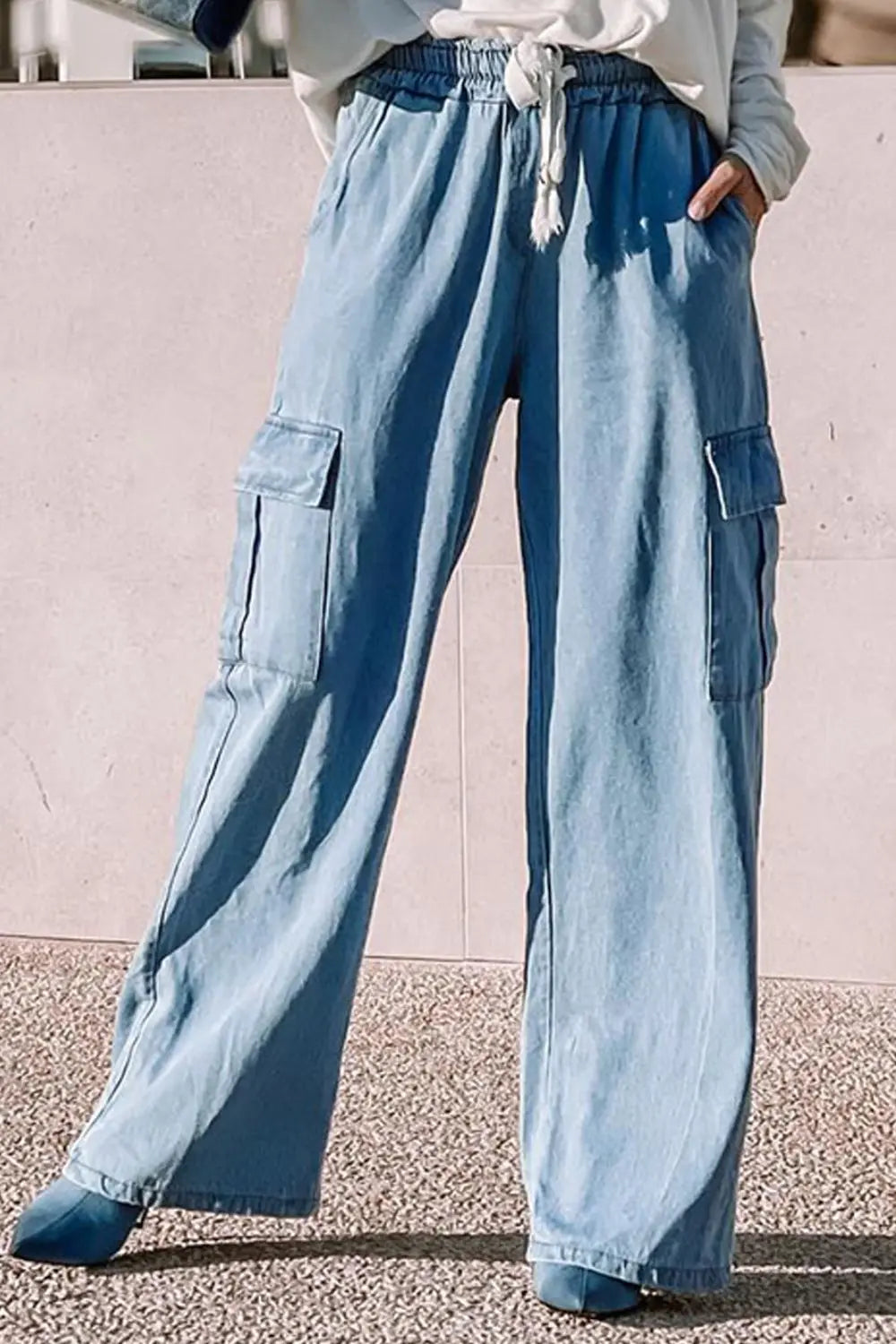 Drawstring Wide Leg Jeans with Pockets - GlossiChic Collection