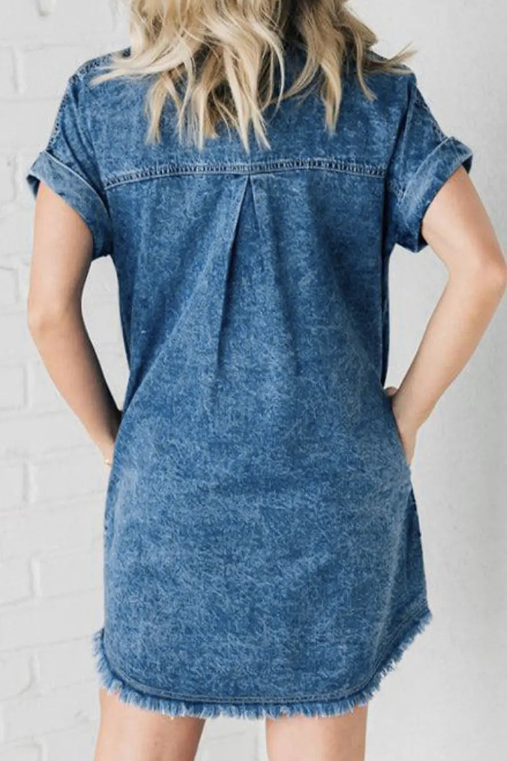 Raw Hem Pocketed Cap Sleeve Denim Dress Trendsi