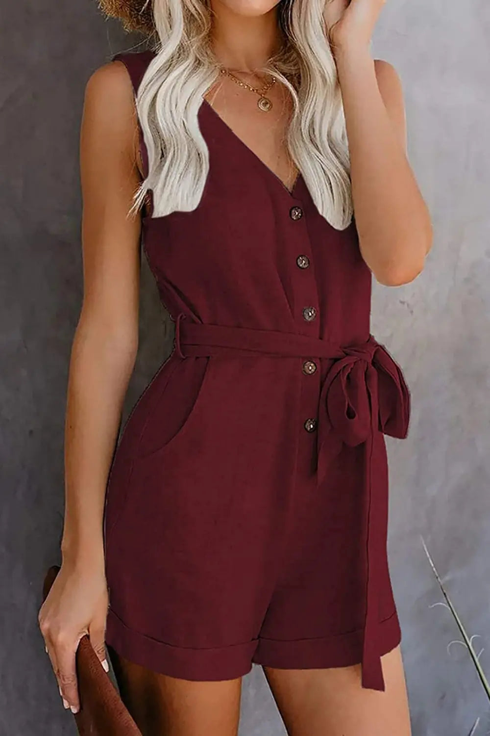 Full Size Tied V-Neck Sleeveless Romper with Pockets - GlossiChic Collection