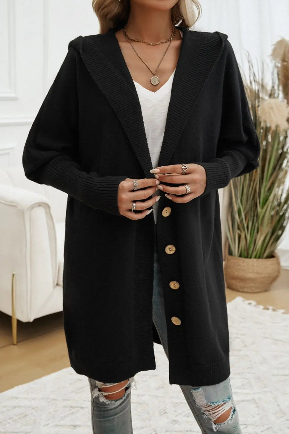 Devine Button Up Long Sleeve Hooded Cardigan Trendsi