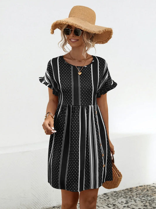 Striped Polka Dot Frill Short Sleeve Mini Dress Trendsi