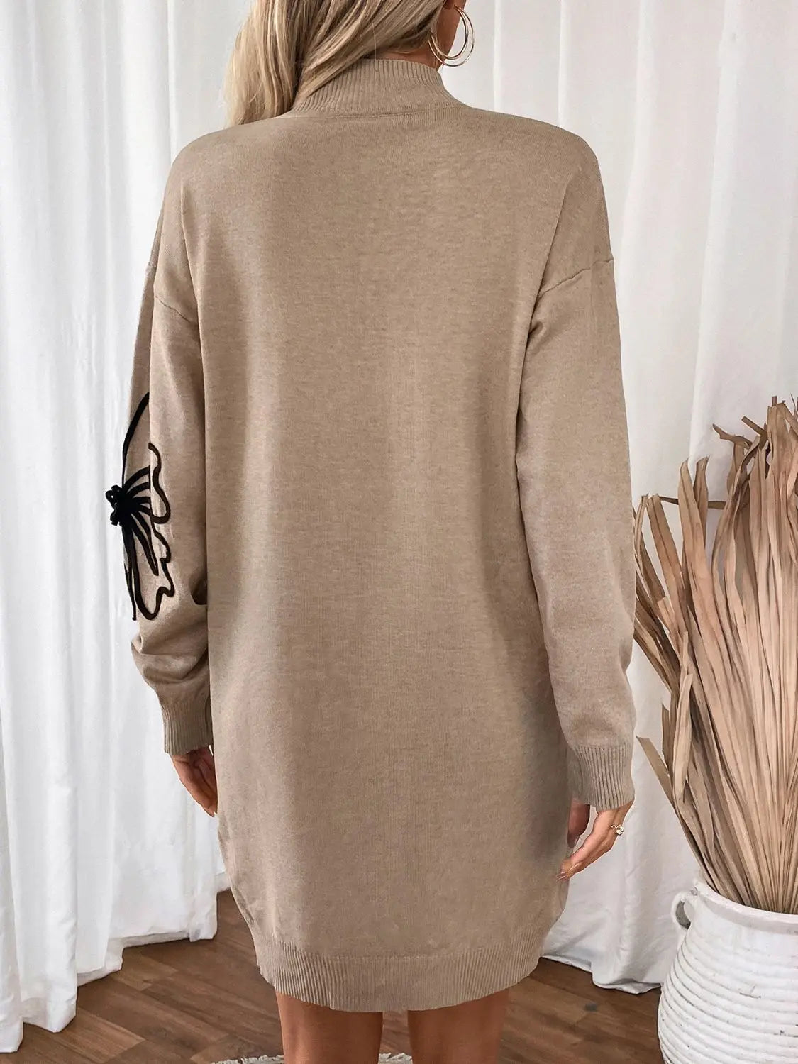 Perfee Flower Mock Neck Long Sleeve Sweater Dress Trendsi