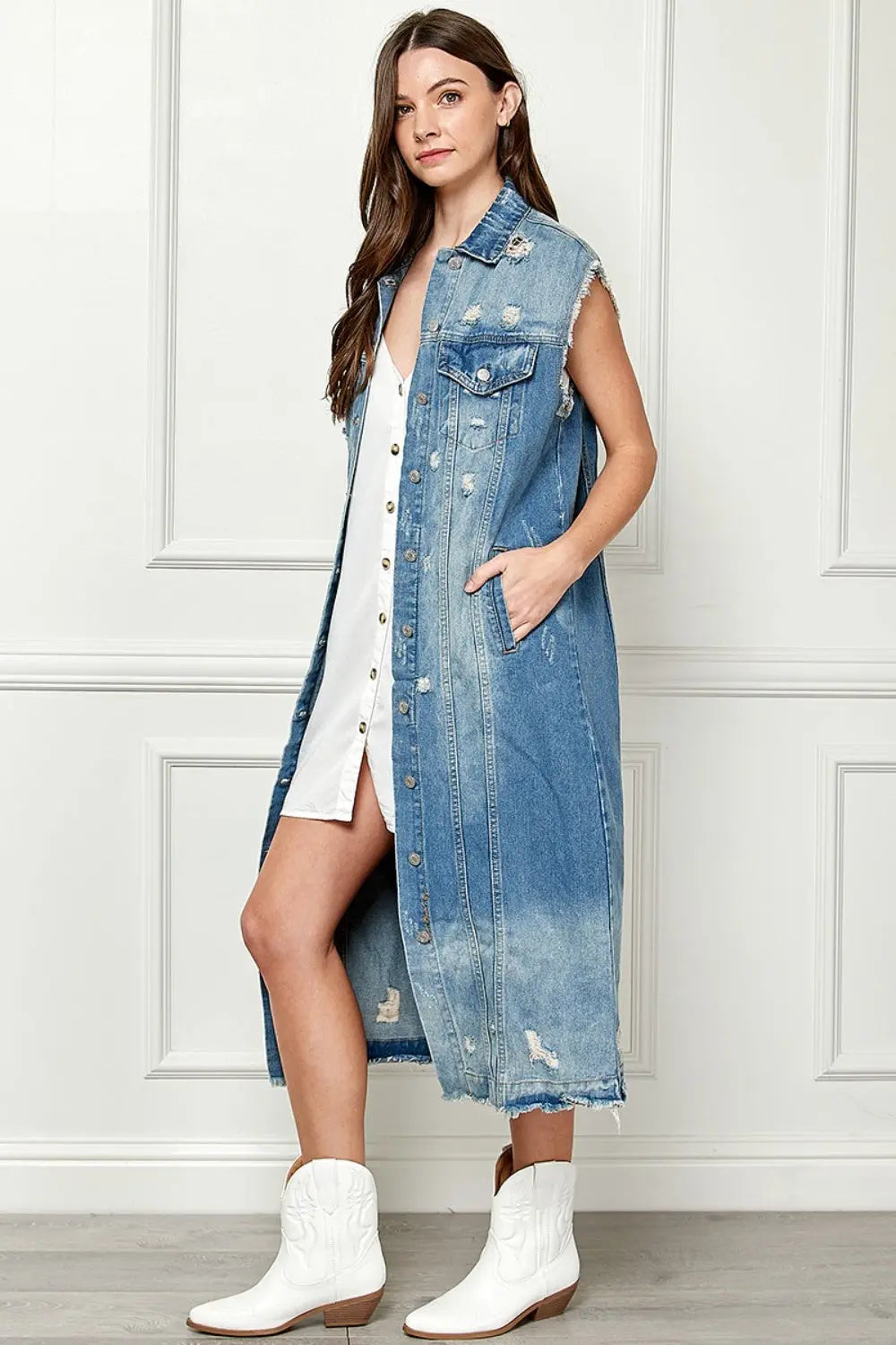 Full Size Distressed Sleeveless Longline Denim Jacket - GlossiChic Collection