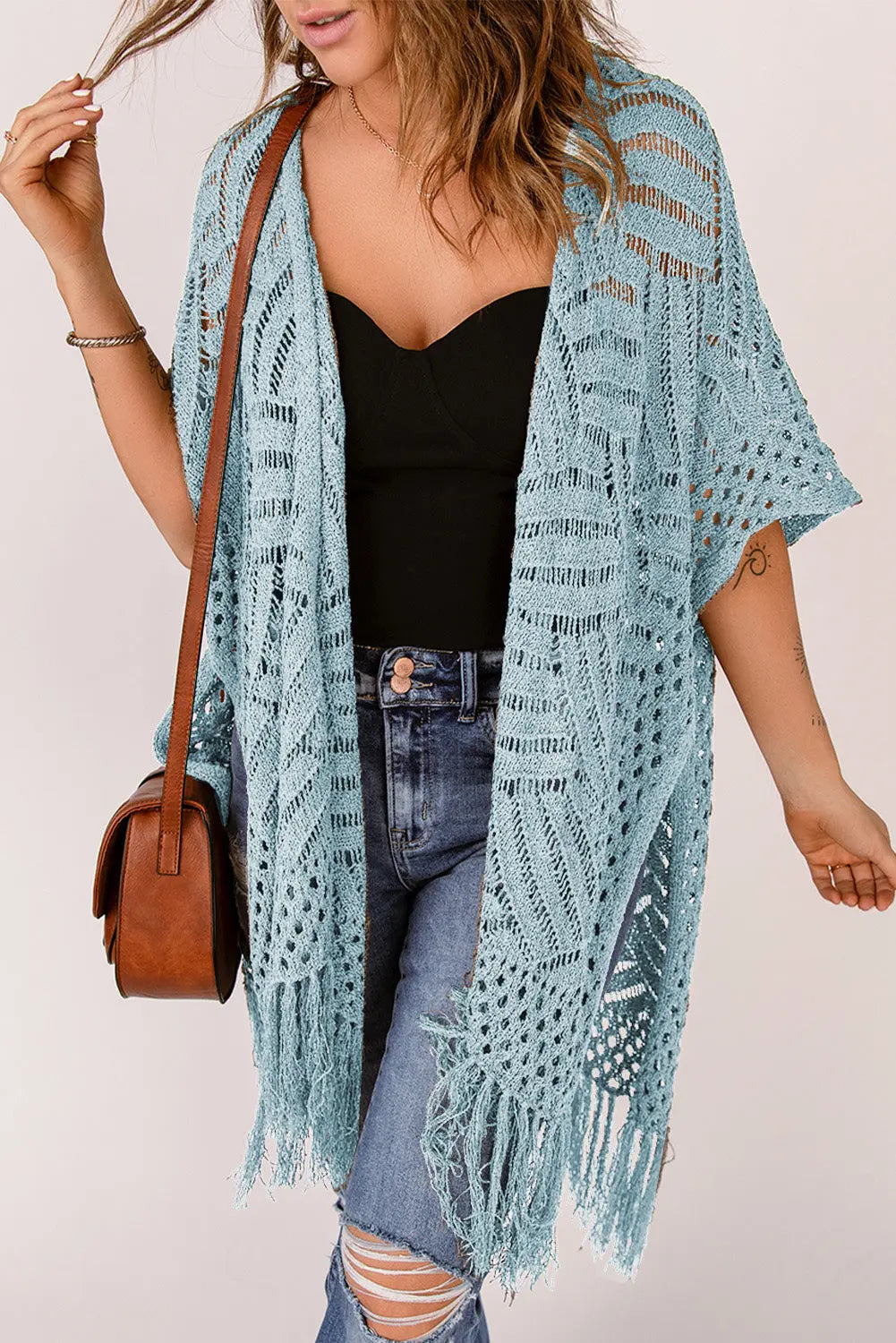 Openwork Open Front Cardigan with Fringes Trendsi