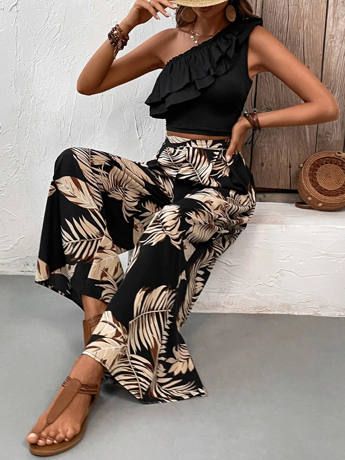 Ruffled Sleeveless Top and Printed Pants Set Trendsi