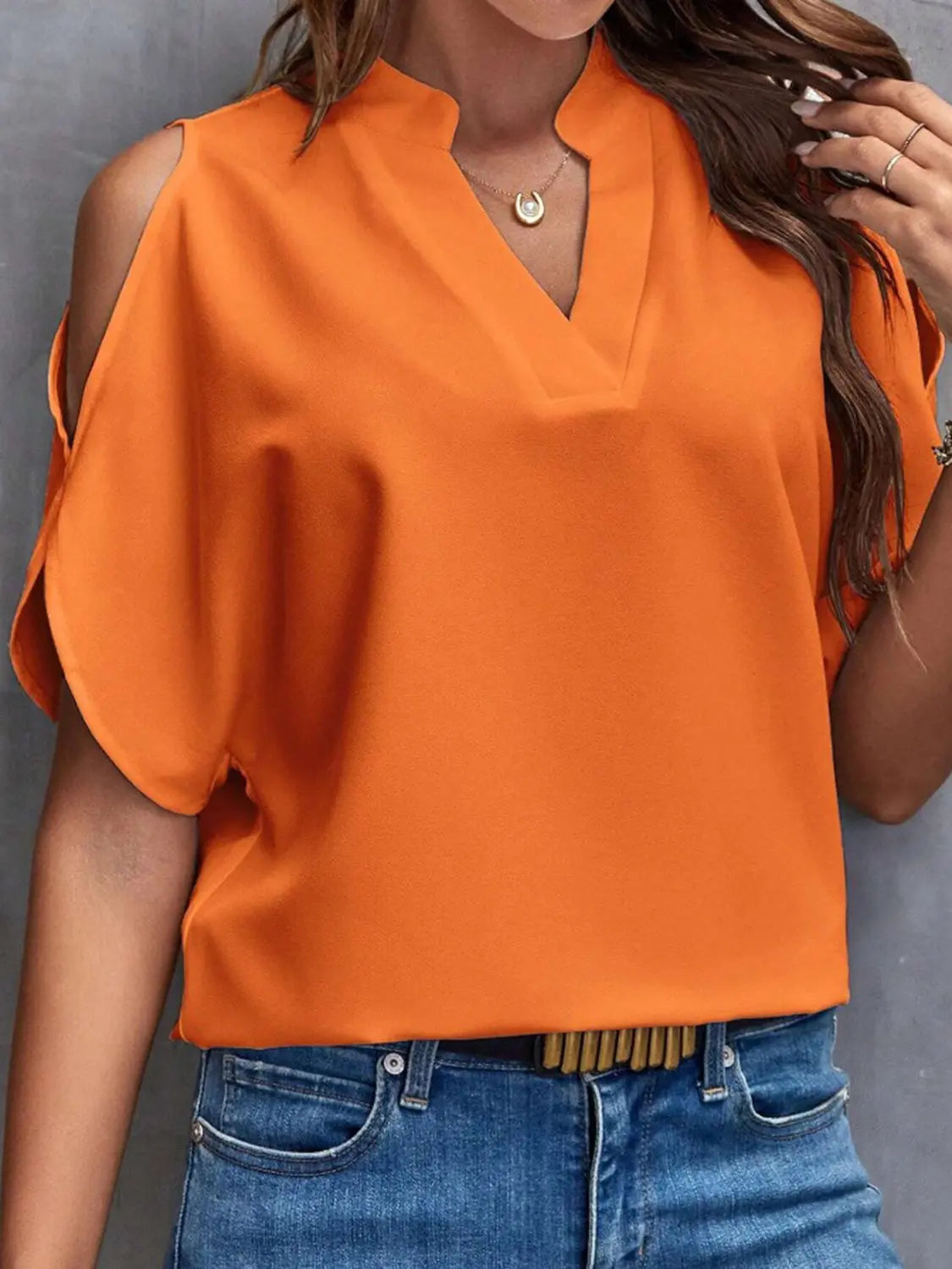 Notched Cold Shoulder Half Sleeve Blouse - GlossiChic Collection Orange / S GlossiChic Collection Shirts & Tops