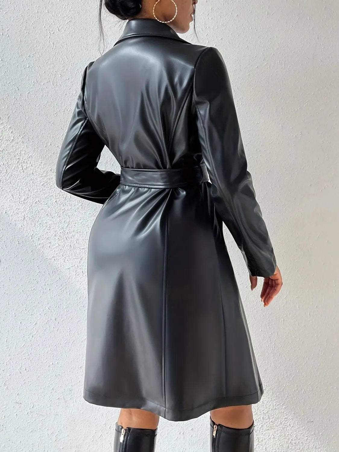 Tied PU Leather Long Sleeve Trench Coat GlossiChic Collection