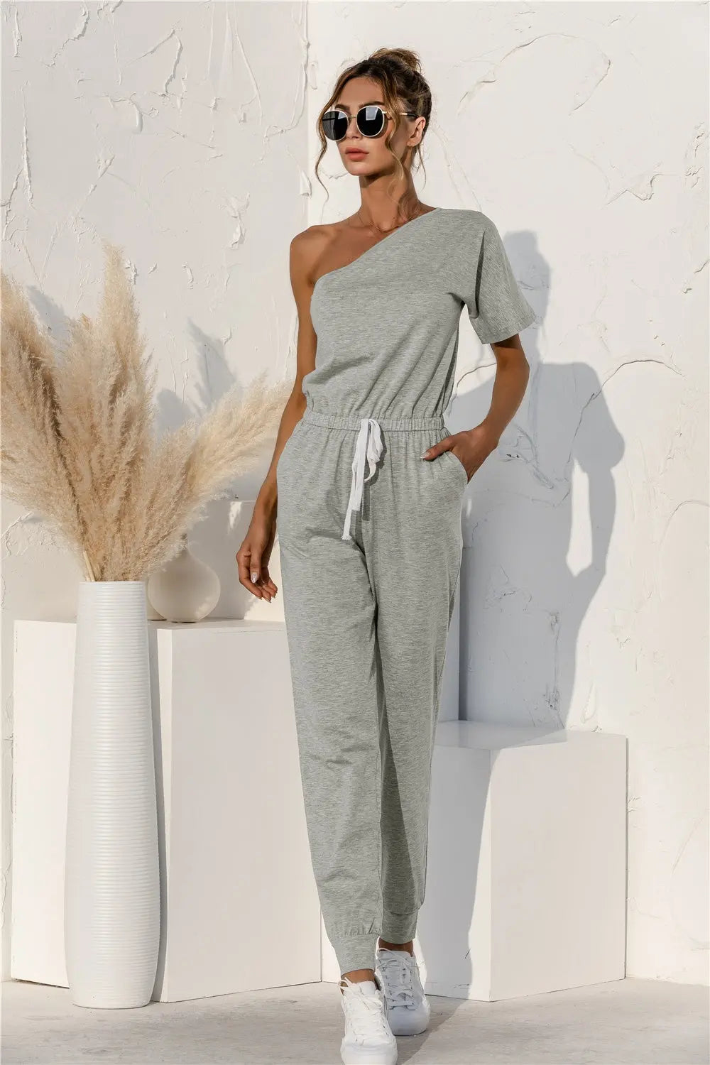 Single Shoulder Short Sleeve Jumpsuit - GlossiChic Collection Heather Gray / S GlossiChic Collection Jumpers & Rompers