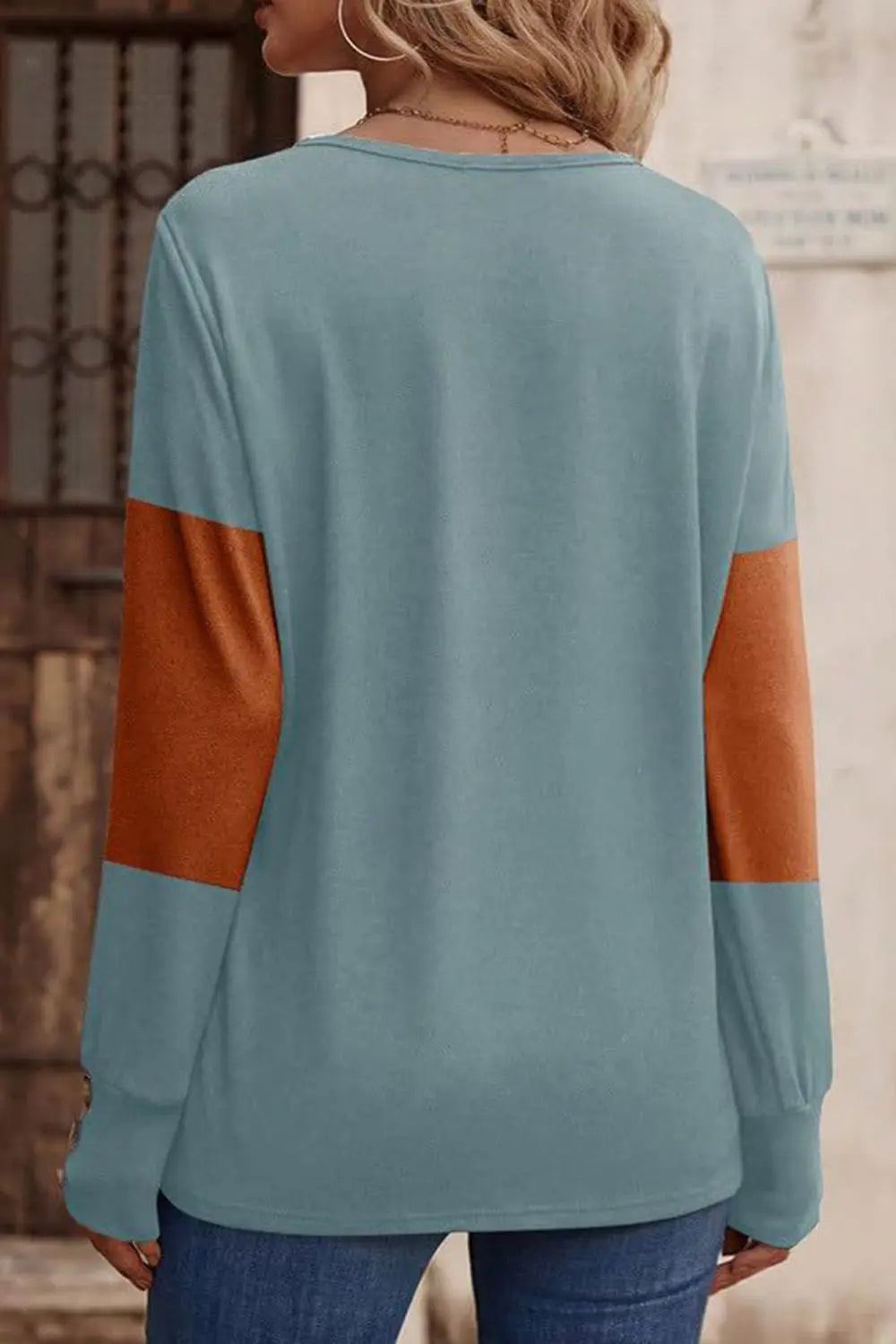 Decorative Button Contrast V-Neck Long Sleeve T-Shirt Trendsi