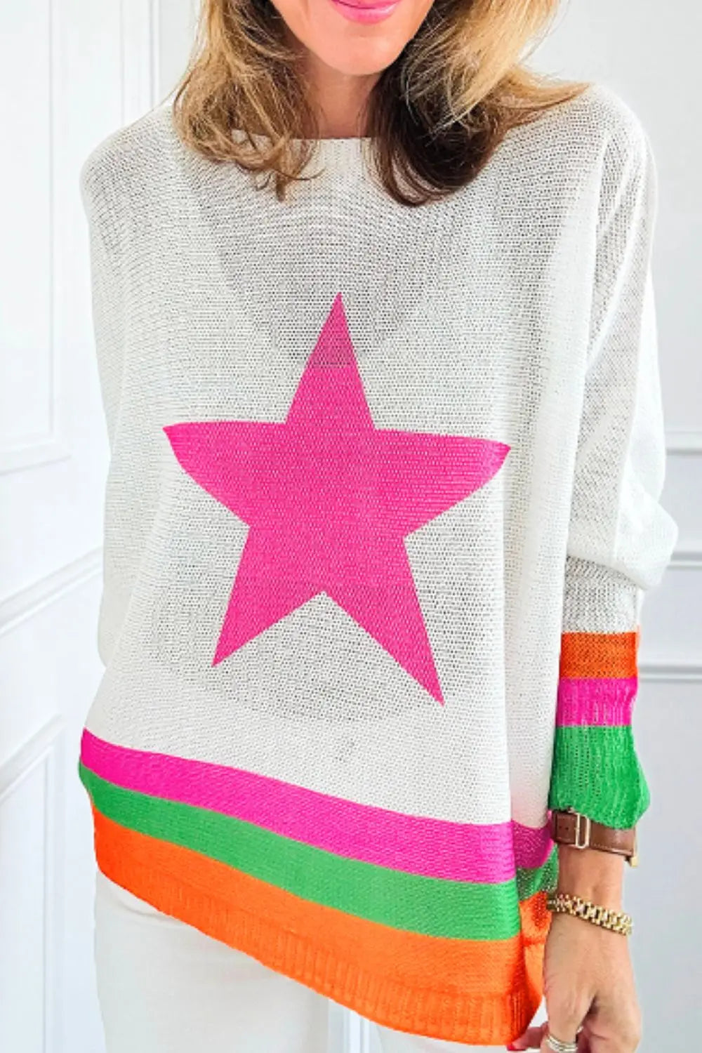 Star Contrast Round Neck Long Sleeve Knit Top Trendsi