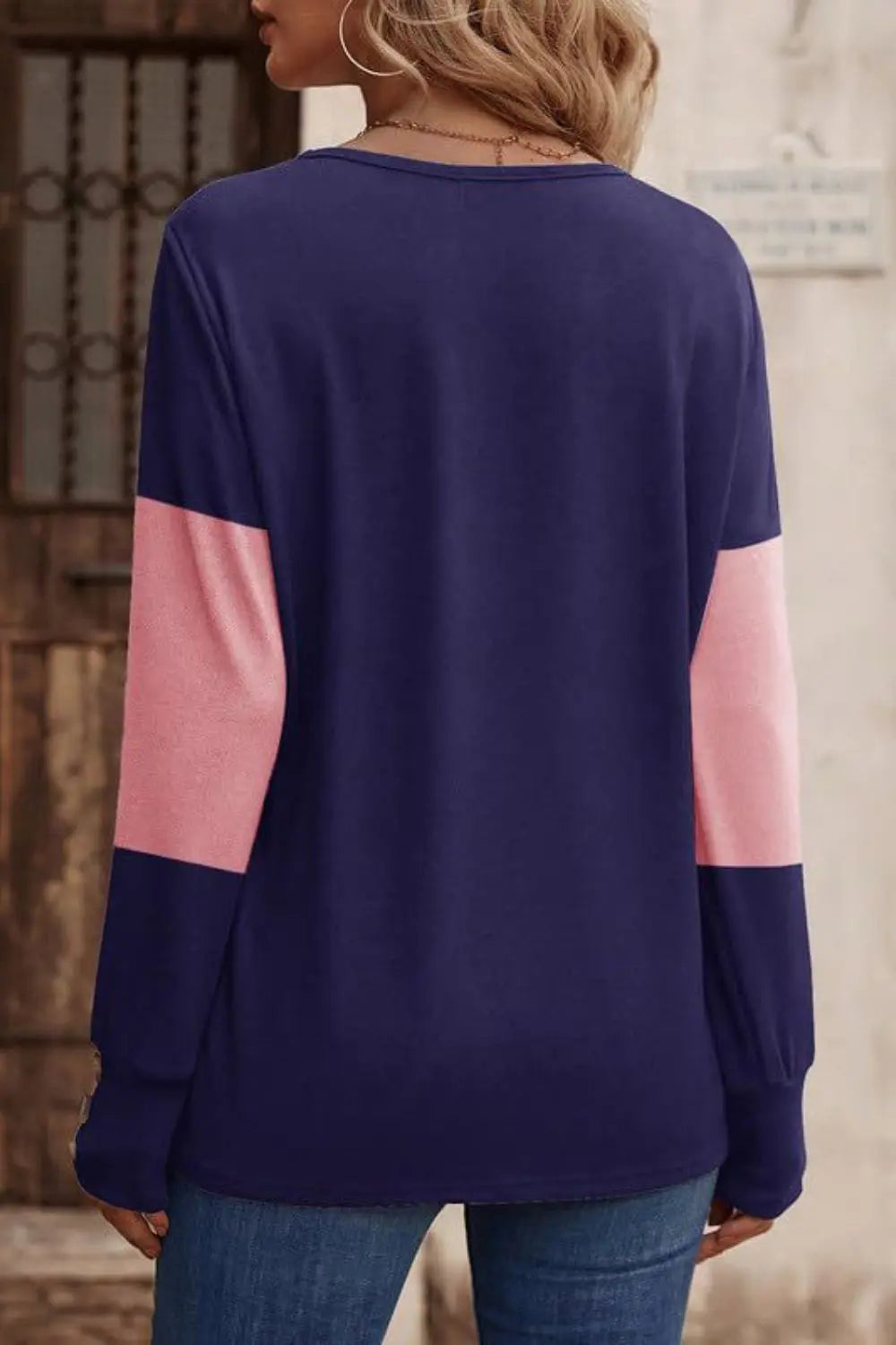 Decorative Button Contrast V-Neck Long Sleeve T-Shirt Trendsi