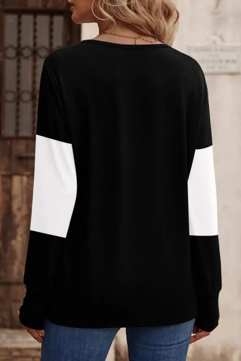 Decorative Button Contrast V-Neck Long Sleeve T-Shirt Trendsi