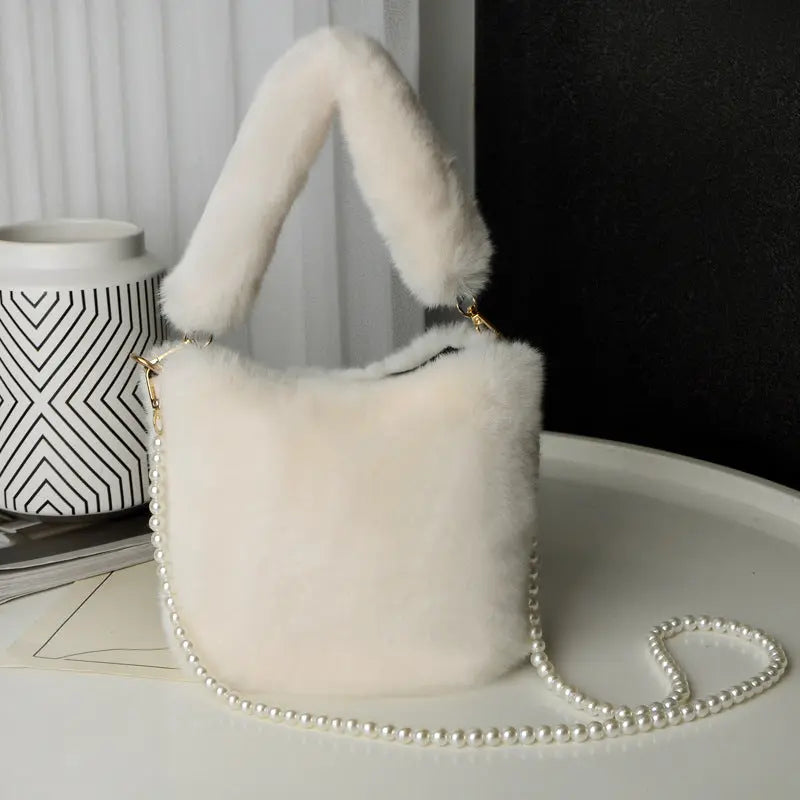 Checkerboard Plush Bucket With Pearl Chain Handbag - GlossiChic Collection