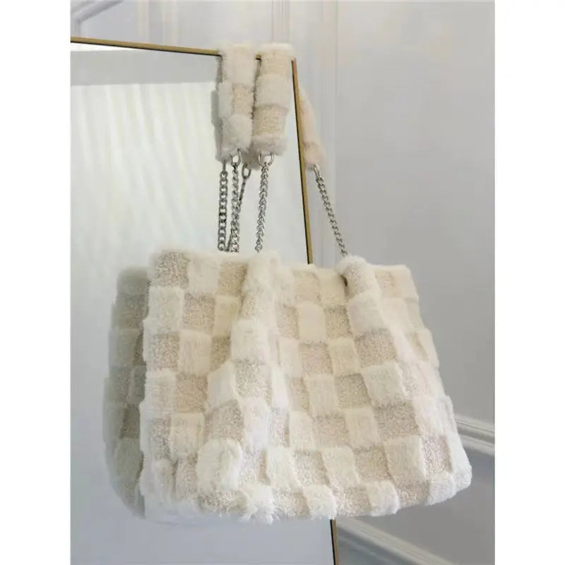 White Checkerboard Plush Tote Bag GlossiChic Collection