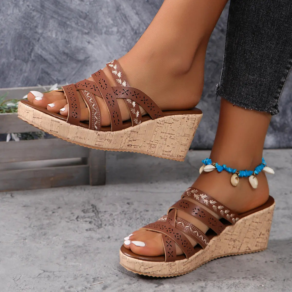 PU Leather Crisscross Wedge Sandals Trendsi