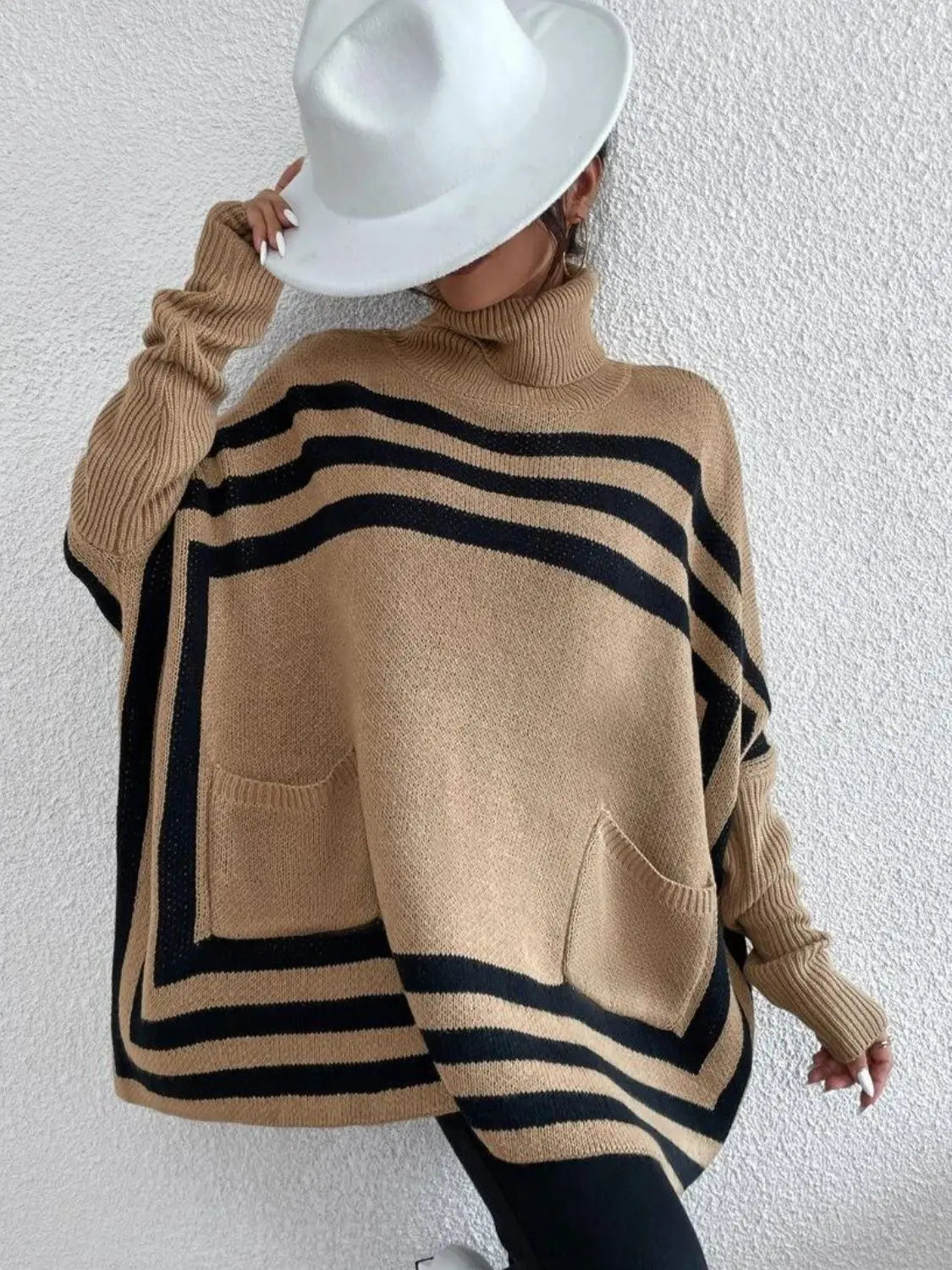 Striped Turtleneck Batwing Sleeve Sweater with Pockets GlossiChic Collection