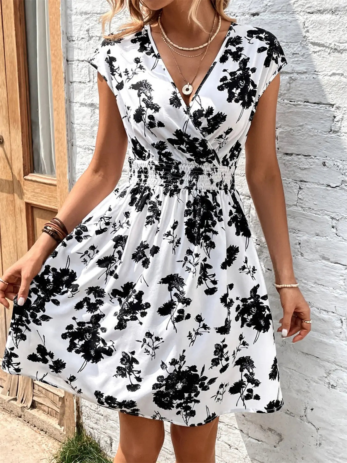 Printed Surplice Cap Sleeve Dress Trendsi