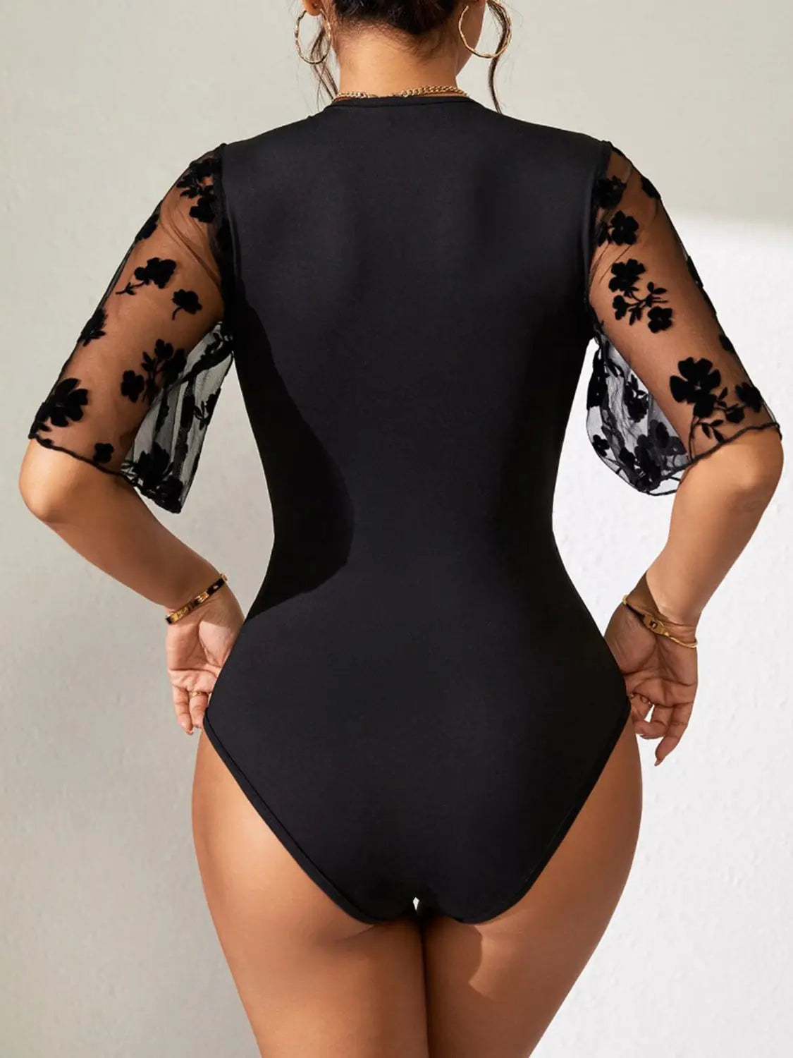 Surplice Lace Half Sleeve Bodysuit Trendsi