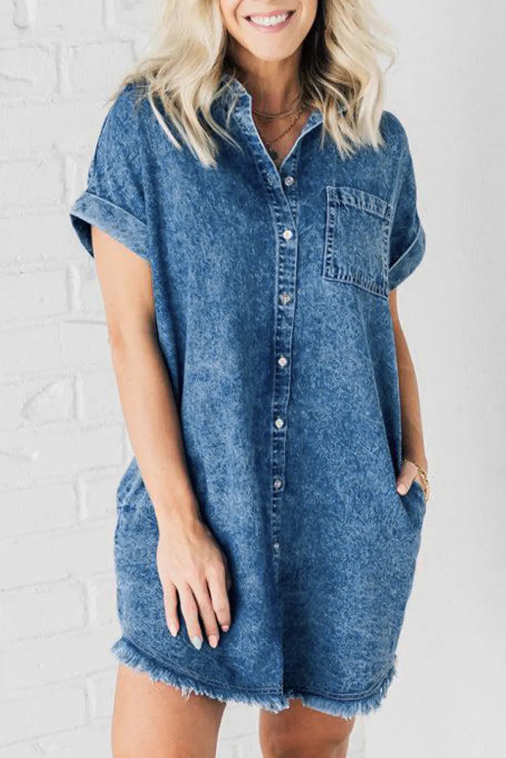 Raw Hem Pocketed Cap Sleeve Denim Dress Trendsi