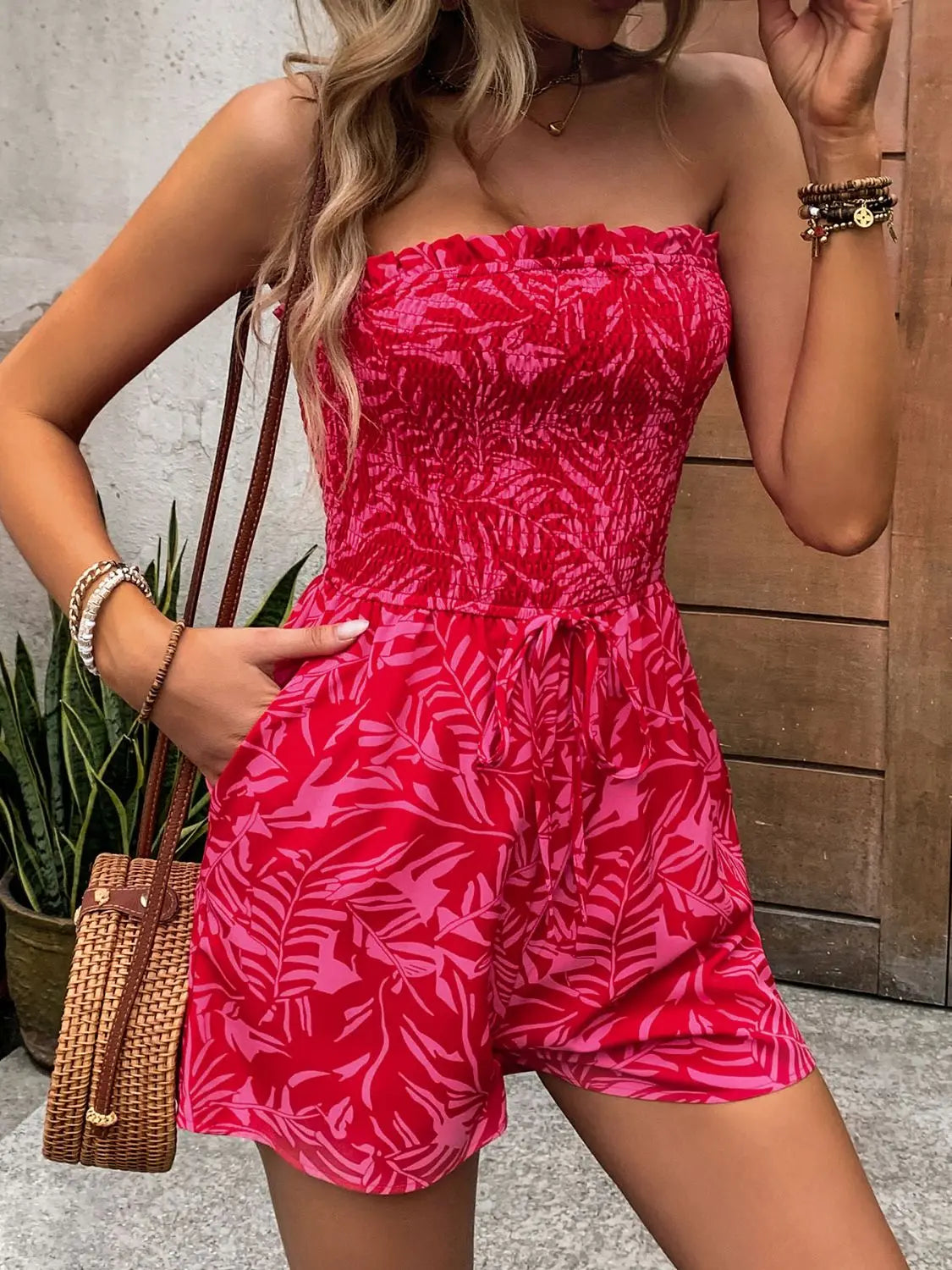 Smocked Printed Tube Romper with Pockets Trendsi