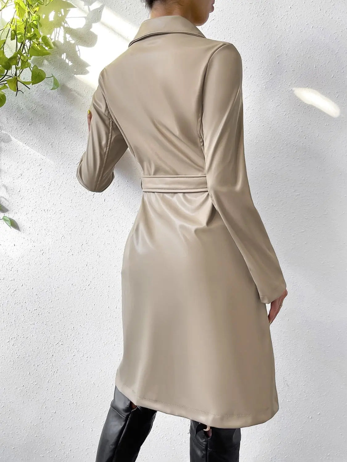 Tied PU Leather Long Sleeve Trench Coat GlossiChic Collection