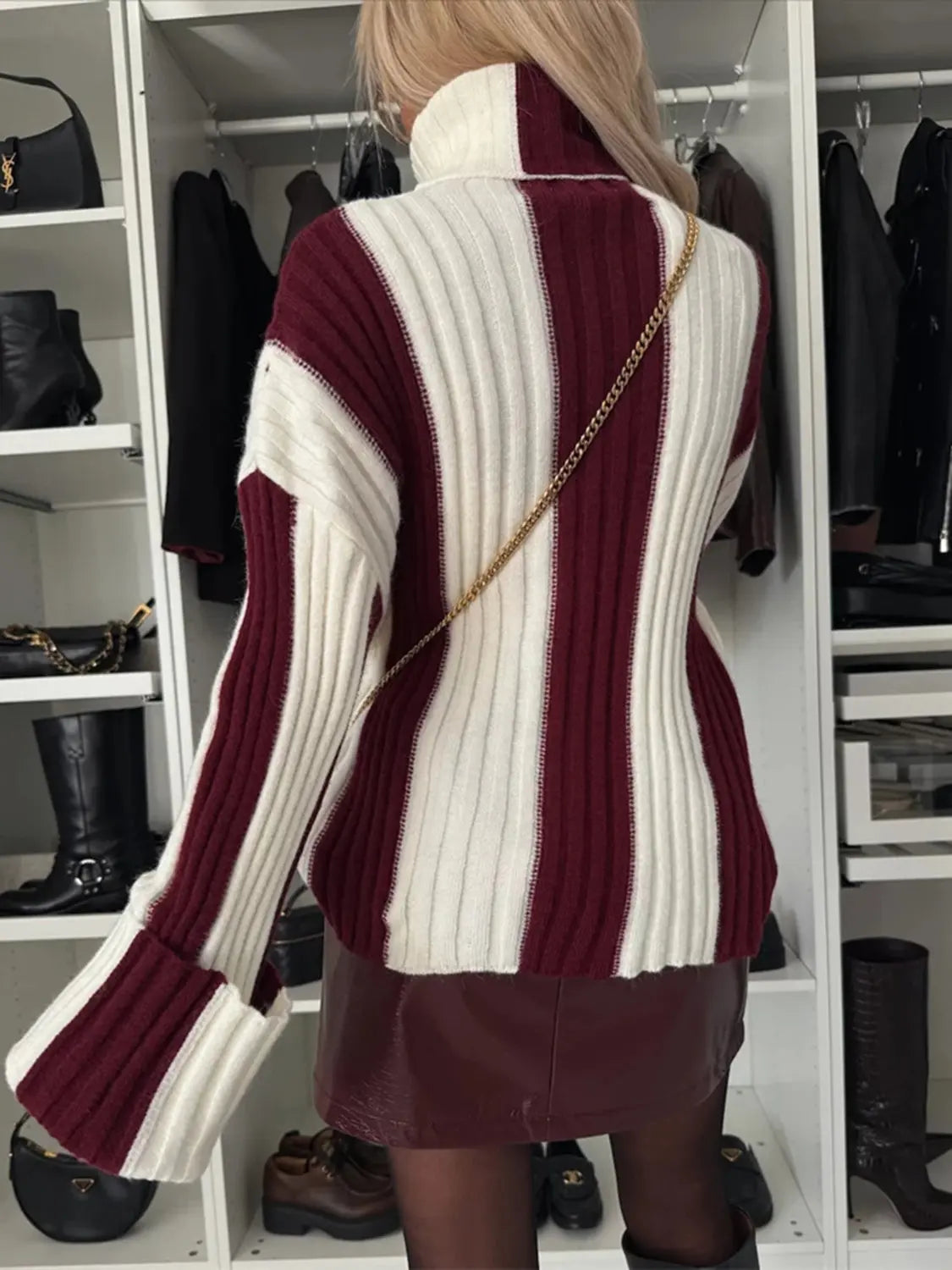 Striped Turtleneck Dropped Shoulder Sweater Trendsi