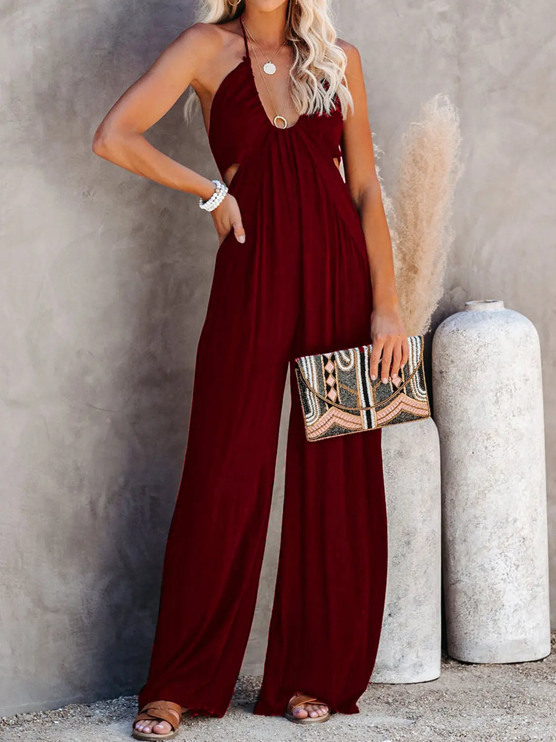 Halter Neck Wide Leg Jumpsuit Trendsi