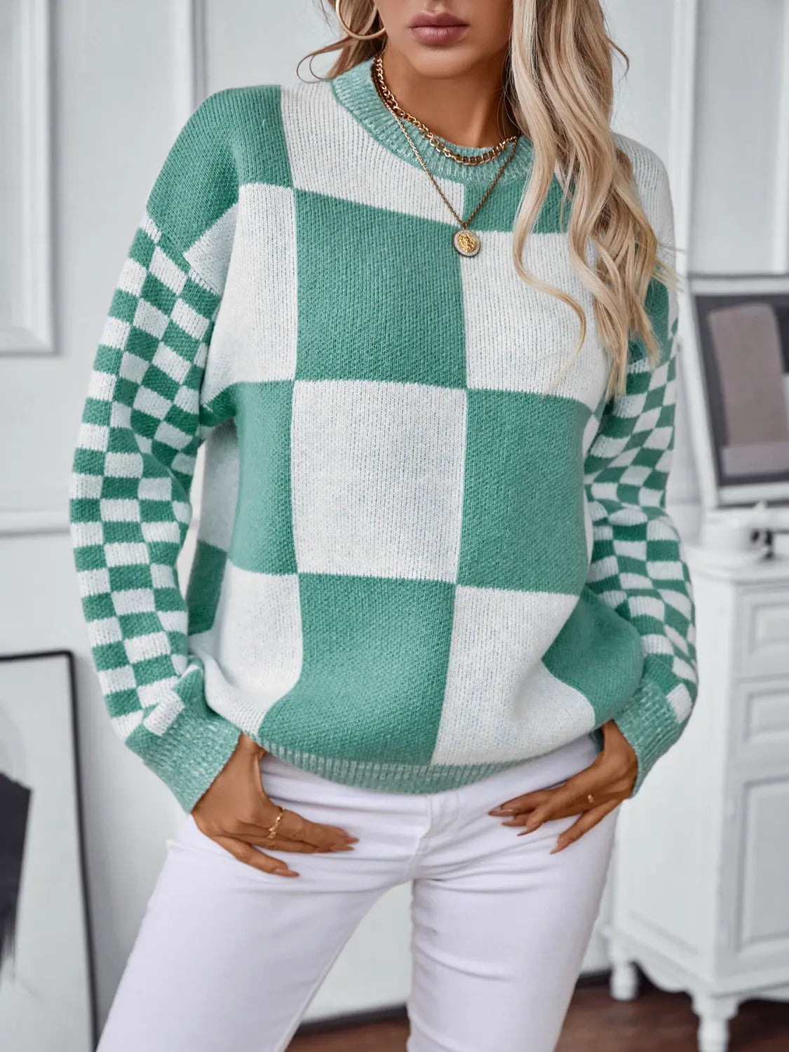 Color Block Round Neck Long Sleeve Sweater Trendsi