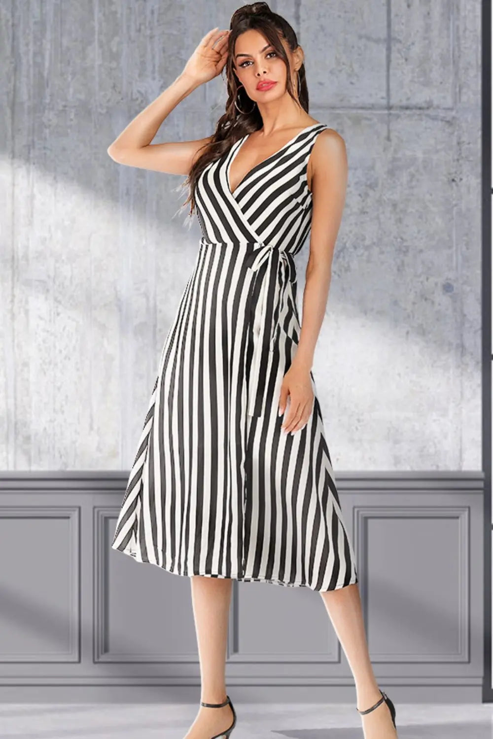 Striped Surplice Tied Sleeveless Dress Trendsi