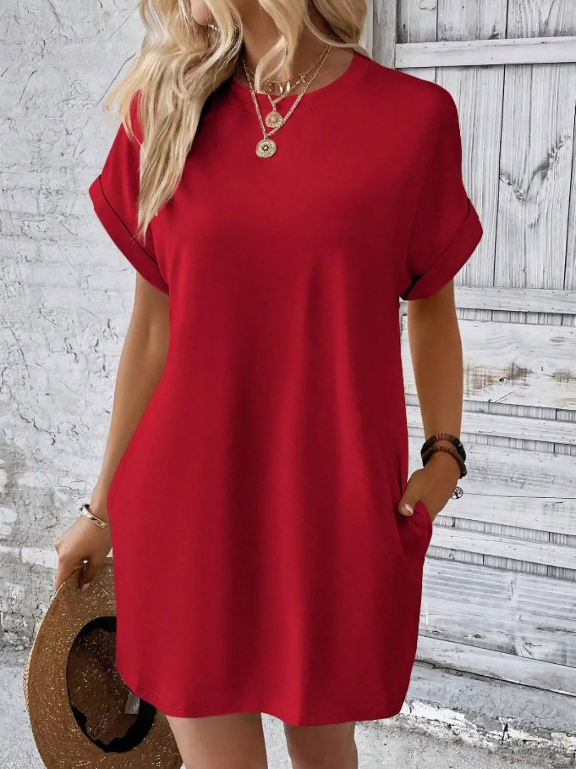 Pocketed Round Neck Short Sleeve Dress Trendsi