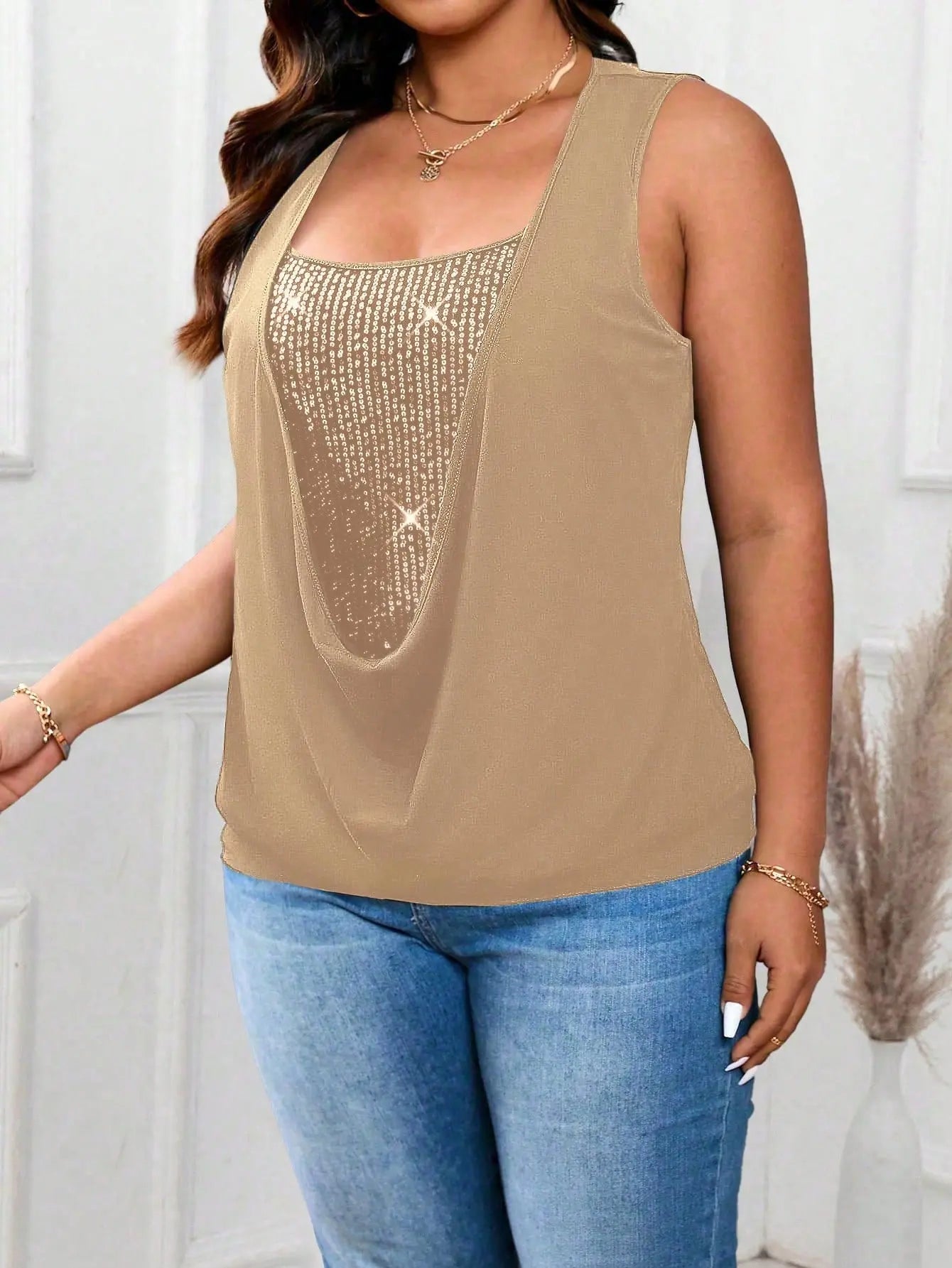 Plus Size Sequin Splice 2 In 1 Vest GlossiChic Collection