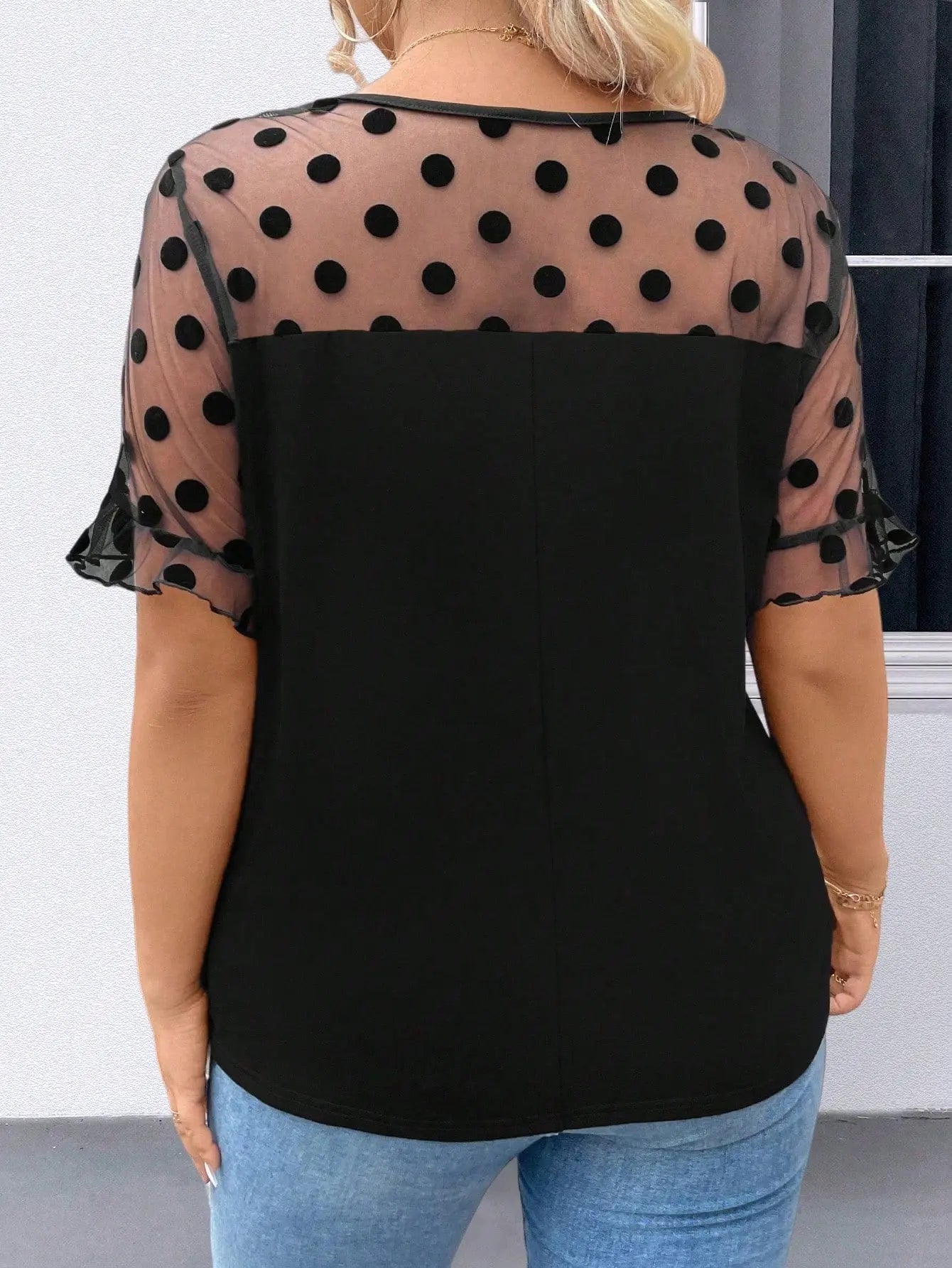 Plus Size Polka Dot Mesh Printed Round Neck Short Sleeve Casual Shirt GlossiChic Collection