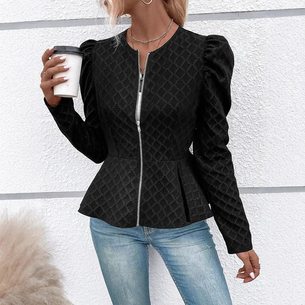 Zip Up Puff Sleeve Jacket Trendsi