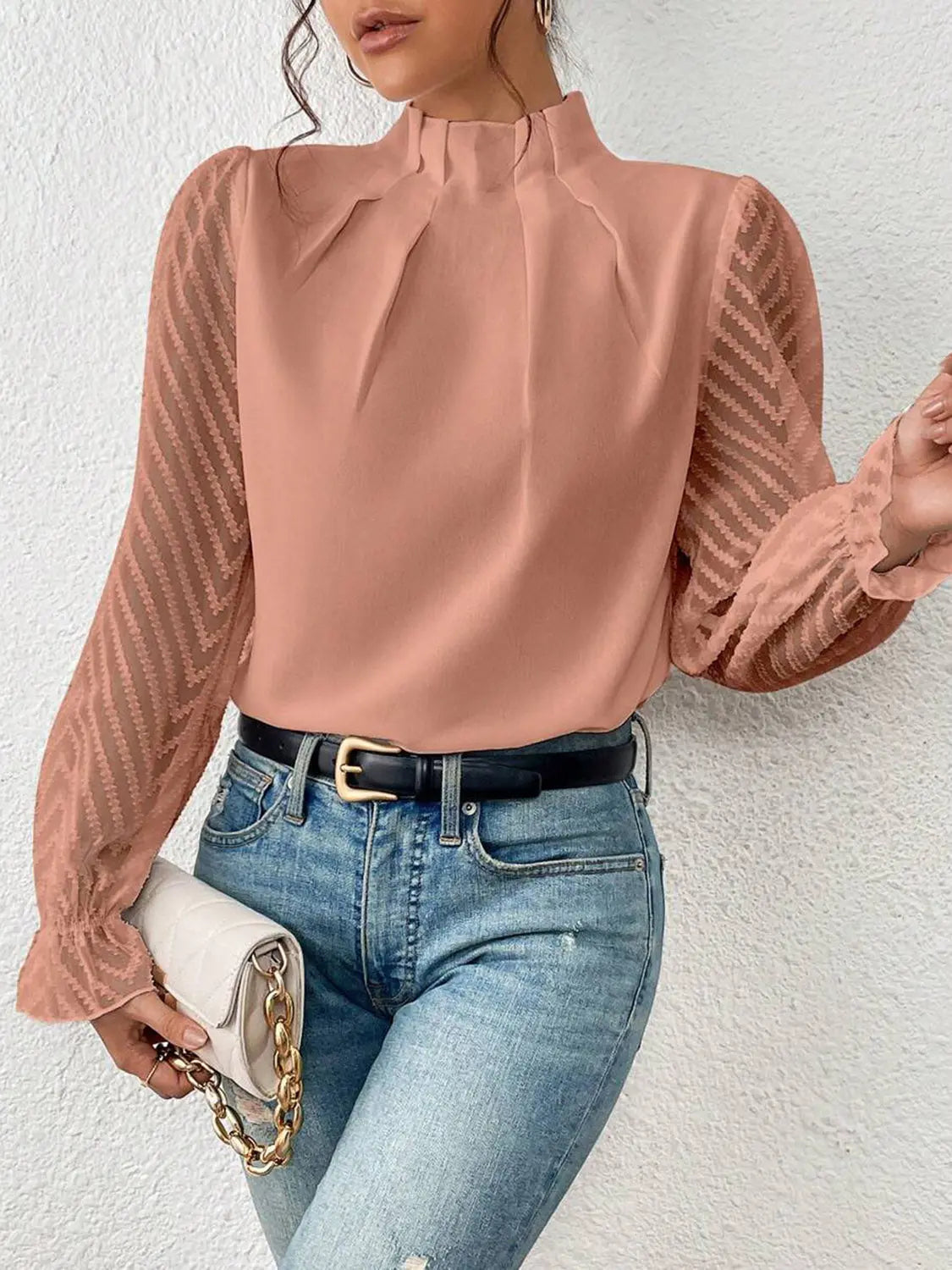 Mock Neck Flounce Sleeve Blouse - GlossiChic Collection Navy / S GlossiChic Collection Shirts & Tops