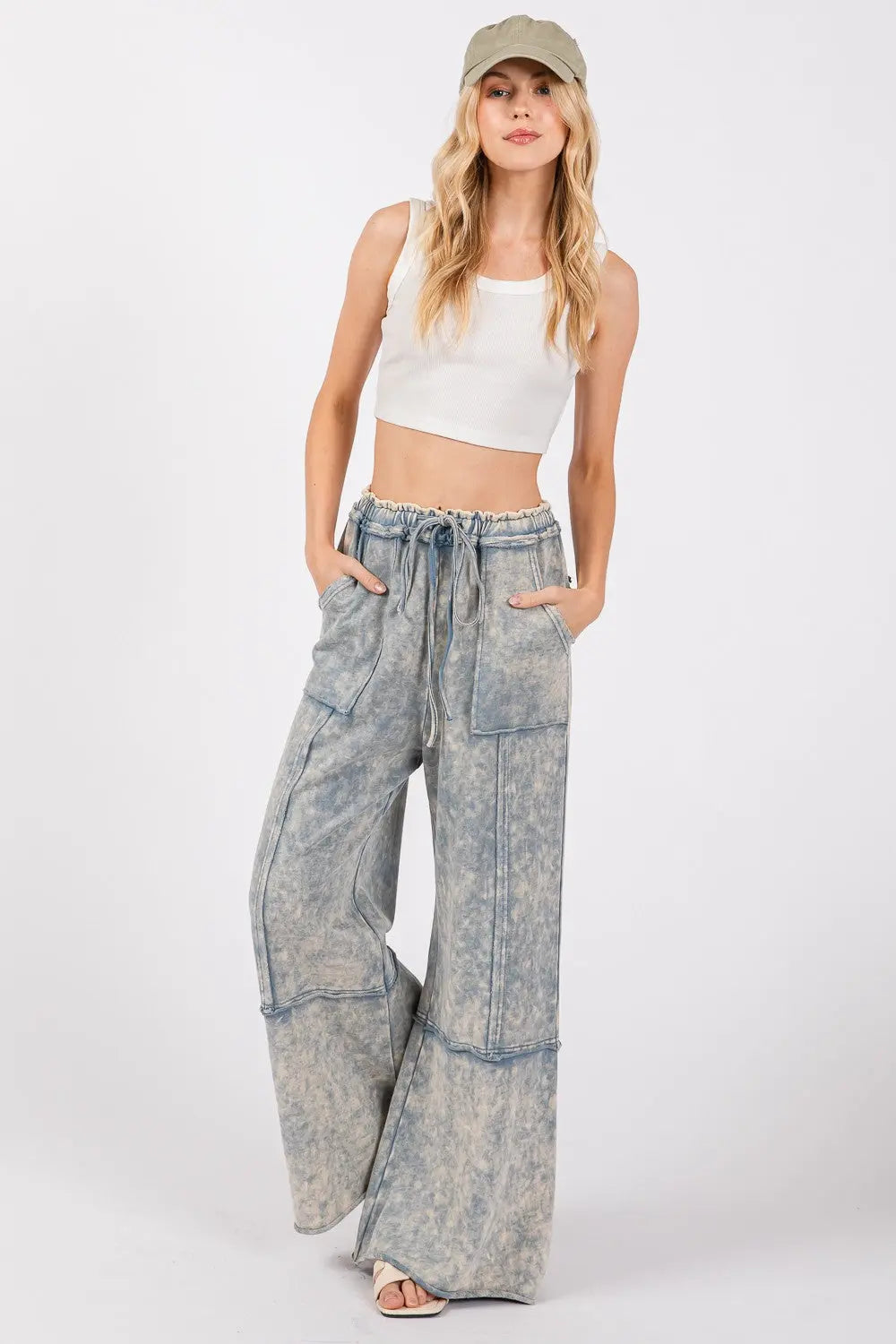 SAGE + FIG Mineral Washed Terry Wide Leg Pants Trendsi