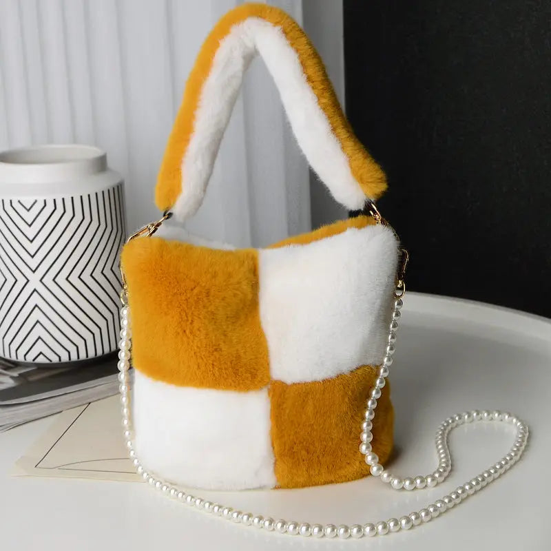 Checkerboard Plush Bucket With Pearl Chain Handbag - GlossiChic Collection