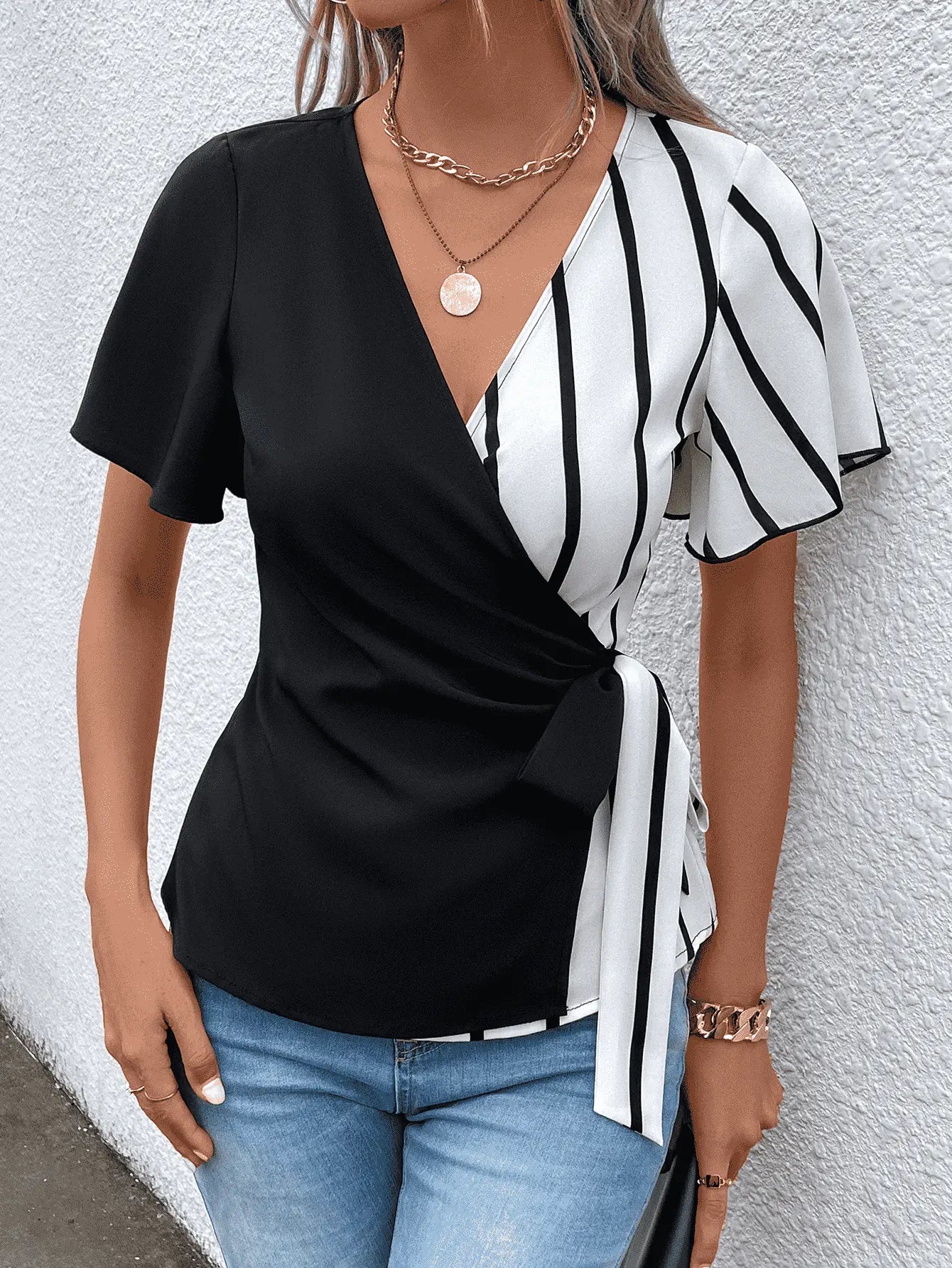 Surplice Neck Waist Tie Flutter Sleeve Blouse Trendsi