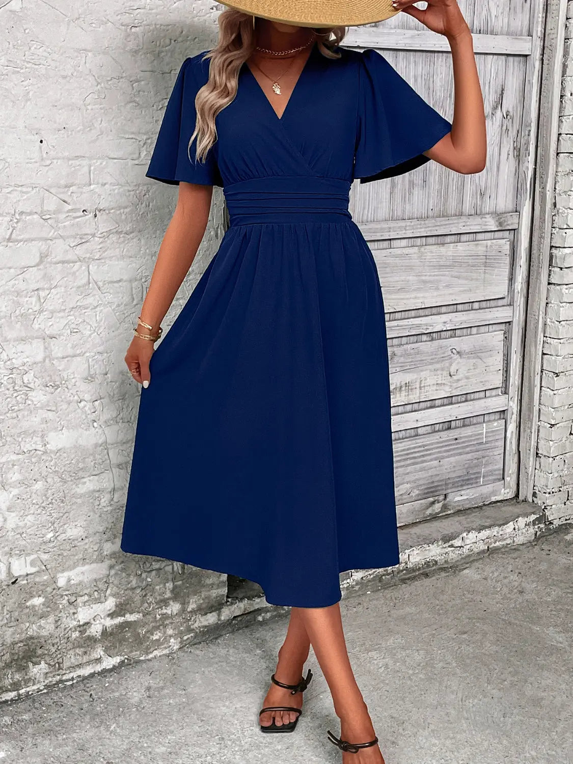 Surplice Flutter Sleeve Midi Dress Trendsi