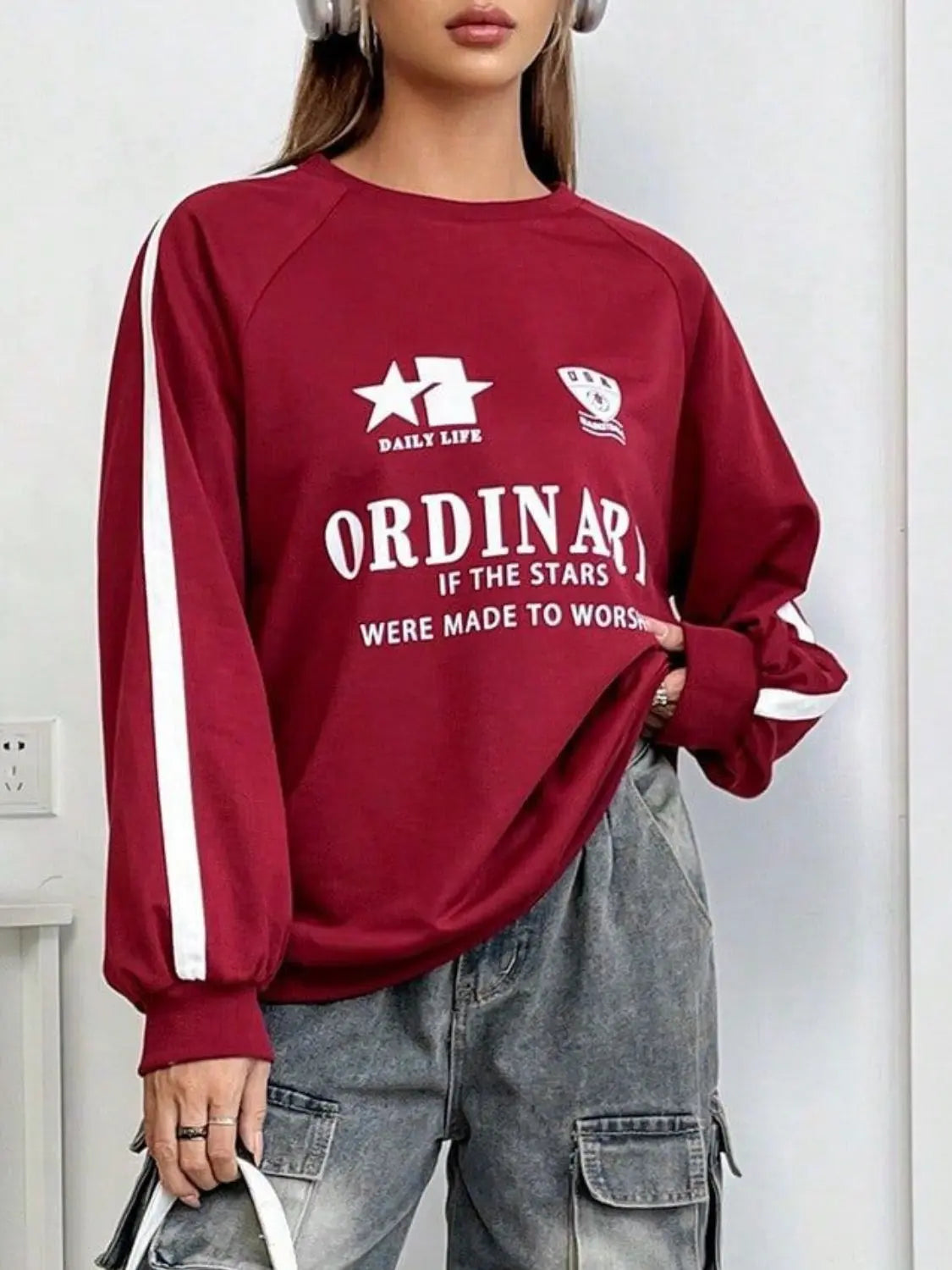 Letter Graphic Round Neck Long Sleeve Sweatshirt GlossiChic Collection