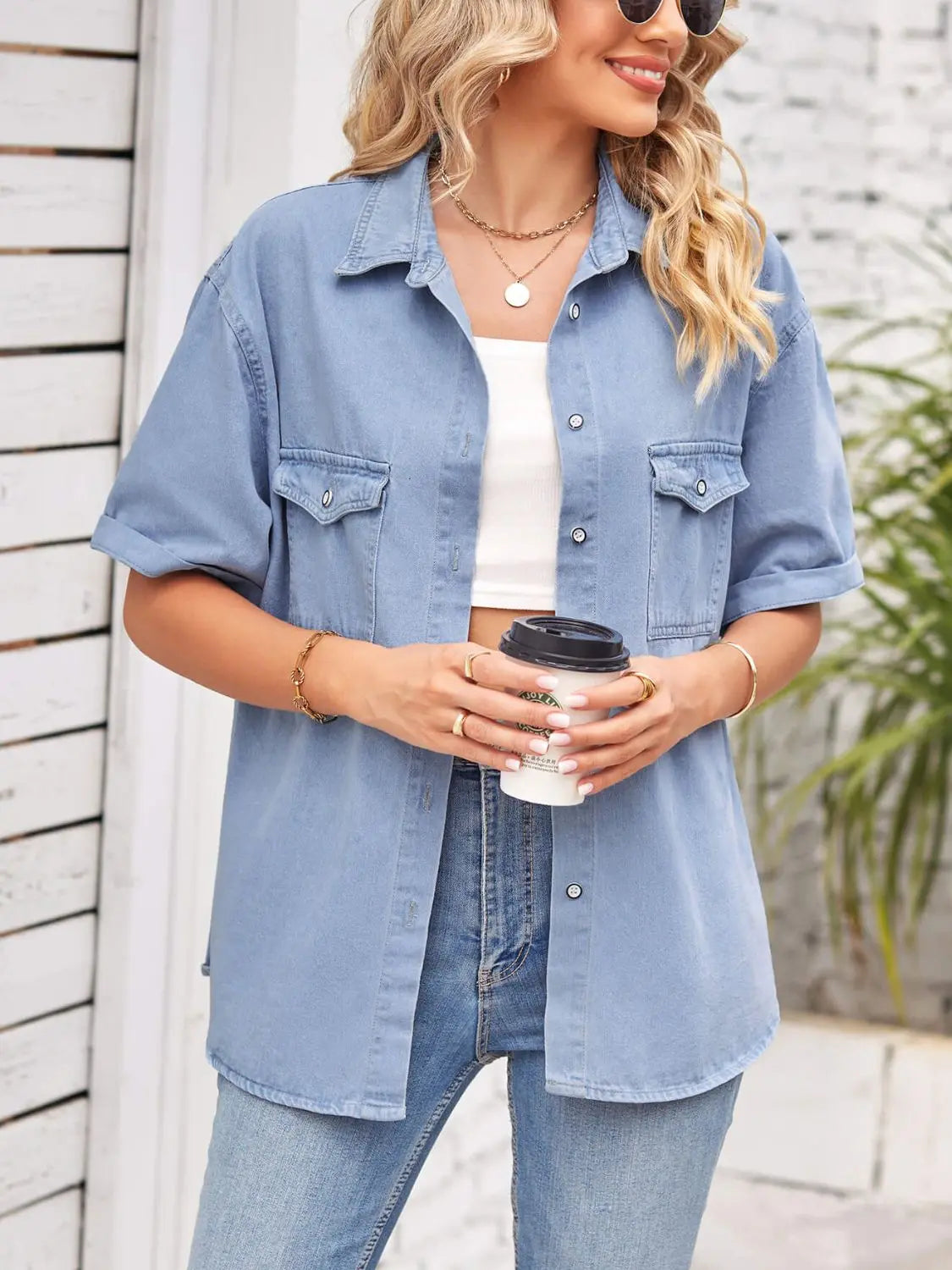 Collared Neck Short Sleeve Denim Jacket - GlossiChic Collection