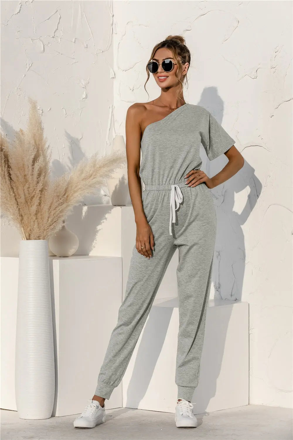 Single Shoulder Short Sleeve Jumpsuit - GlossiChic Collection Heather Gray / S GlossiChic Collection Jumpers & Rompers