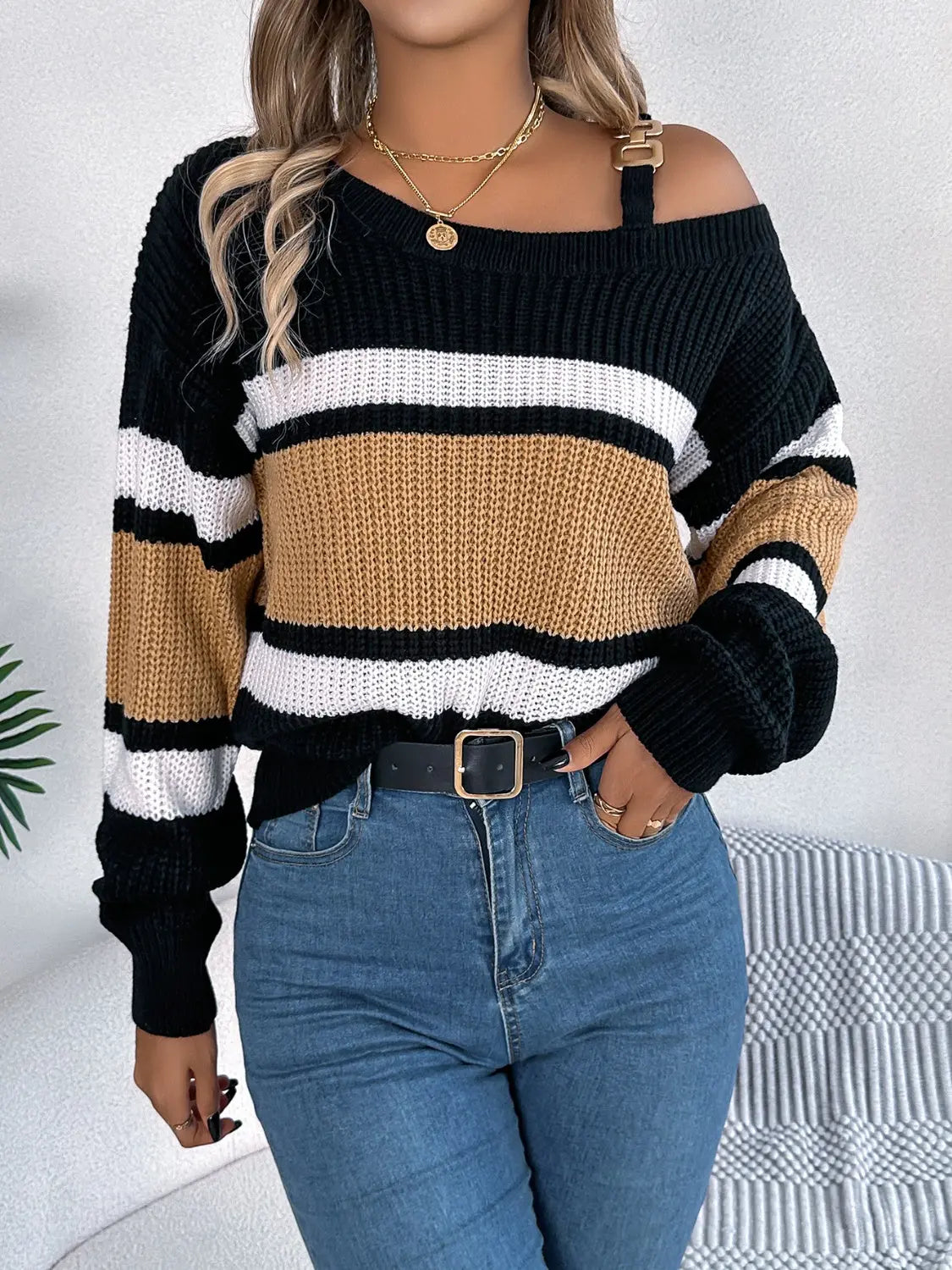 Color Block Asymmetrical Neck Long Sleeve Sweater Trendsi