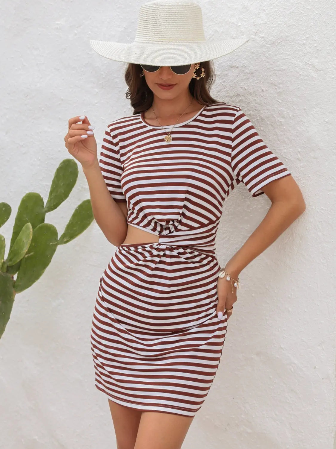 Cutout Striped Round Neck Short Sleeve Dress - GlossiChic Collection