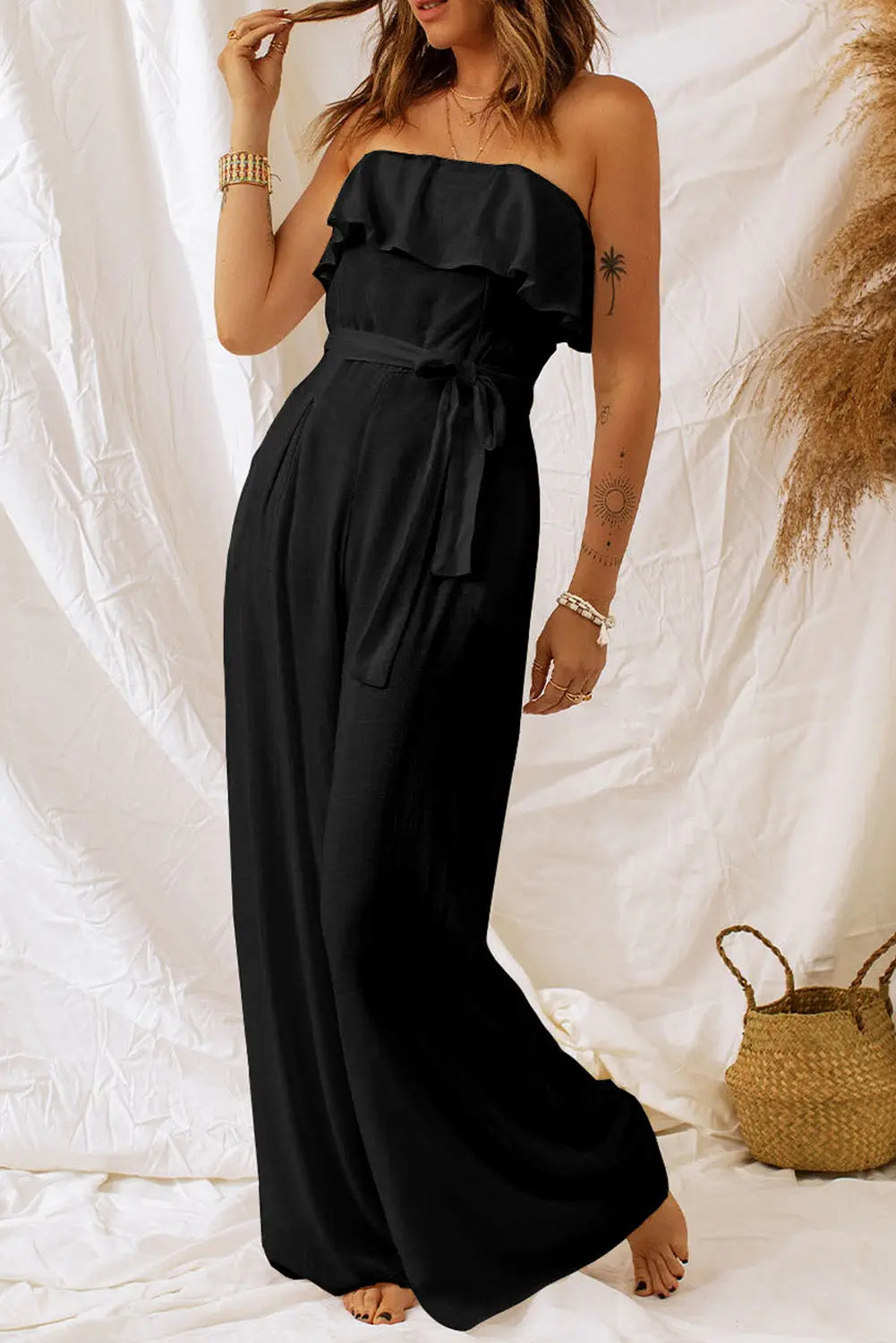 Tie-Waist Ruffled Strapless Wide Leg Jumpsuit Trendsi