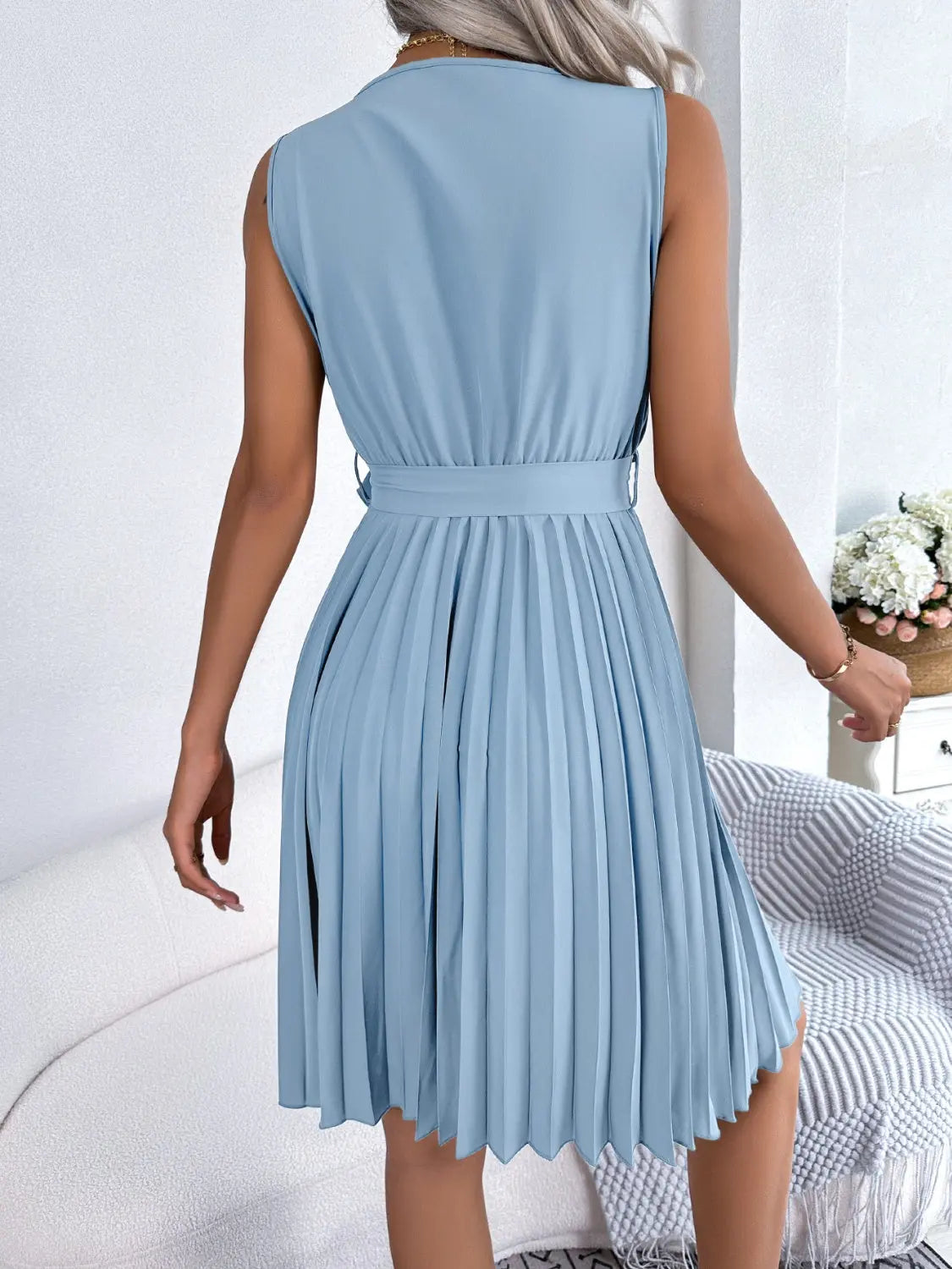 Tied Surplice Sleeveless Pleated Dress Trendsi