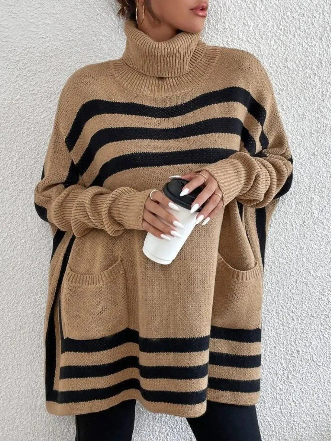 Striped Turtleneck Batwing Sleeve Sweater with Pockets GlossiChic Collection