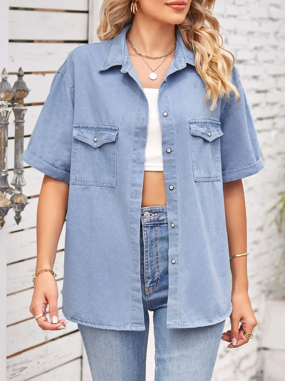 Collared Neck Short Sleeve Denim Jacket - GlossiChic Collection